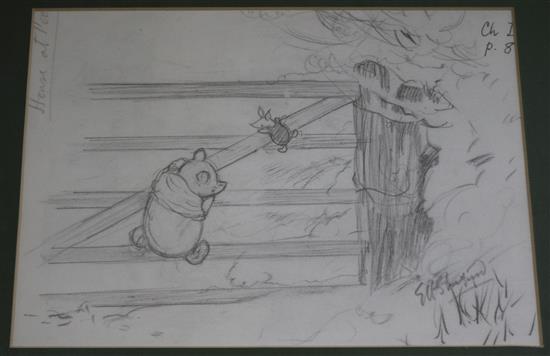 A reproduction of E H Shepherd Winnie the Pooh drawing, 19 x27cm